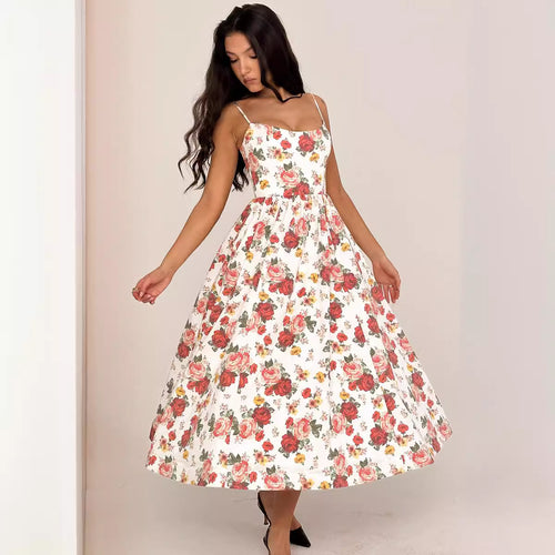 Dame Midi Kjole med elegant blomsterdesign og sart taljestrik Stilla