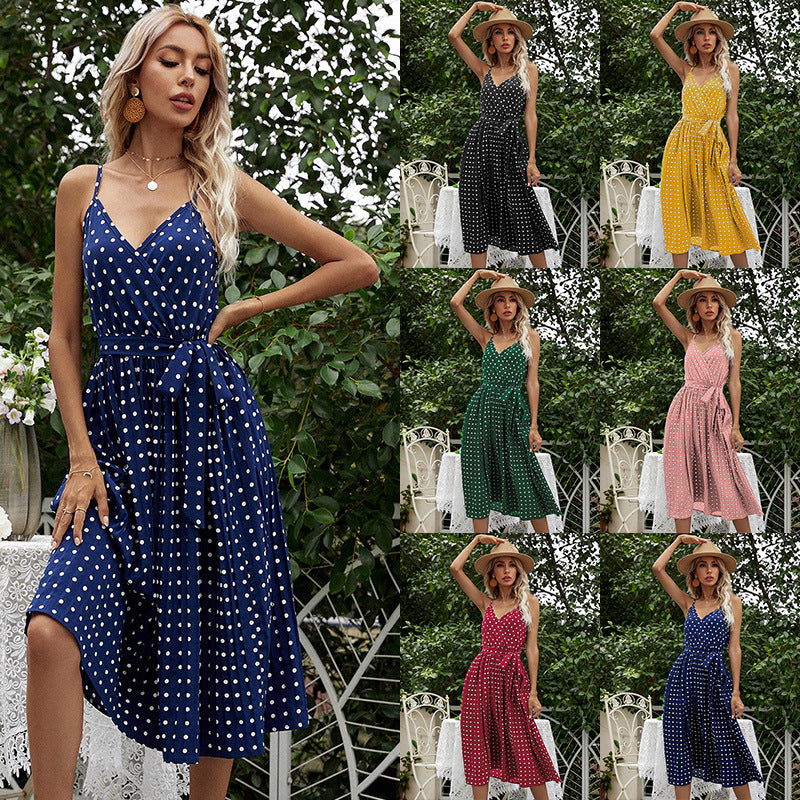 Dame Polka Dot Midi Kjole med Bæltetaske Stilla