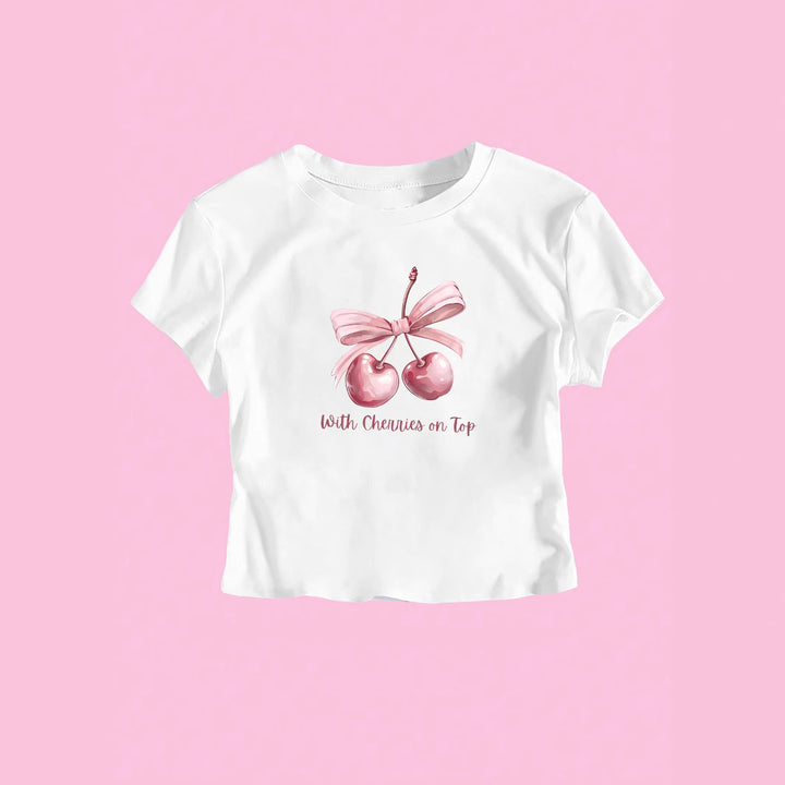 Dame Kortærmet Crop-T-shirt med glædeligt kirsebærmotiv og sløjfeapplikation Skovae