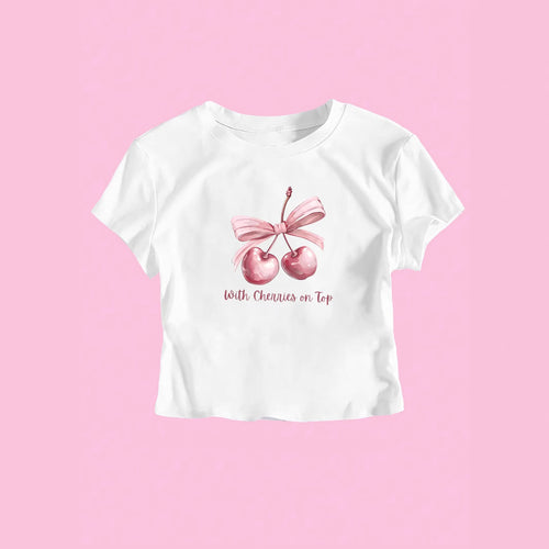 Dame Kortærmet Crop-T-shirt med glædeligt kirsebærmotiv og sløjfeapplikation Skovae