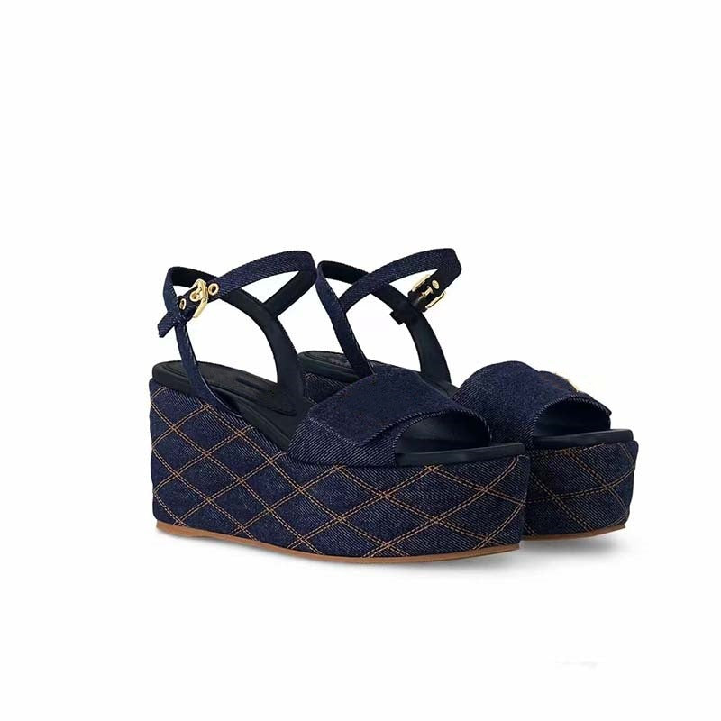 Dame Strappy Denim Kile Sandaler med dekorativt quiltet design Stilla