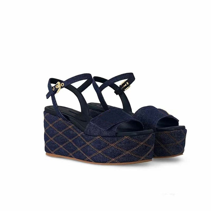 Dame Strappy Denim Kile Sandaler med dekorativt quiltet design Stilla