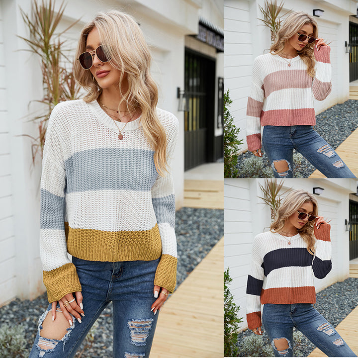 Dame afslappet pullover med moderne ribmønster og stribedesign Stilla