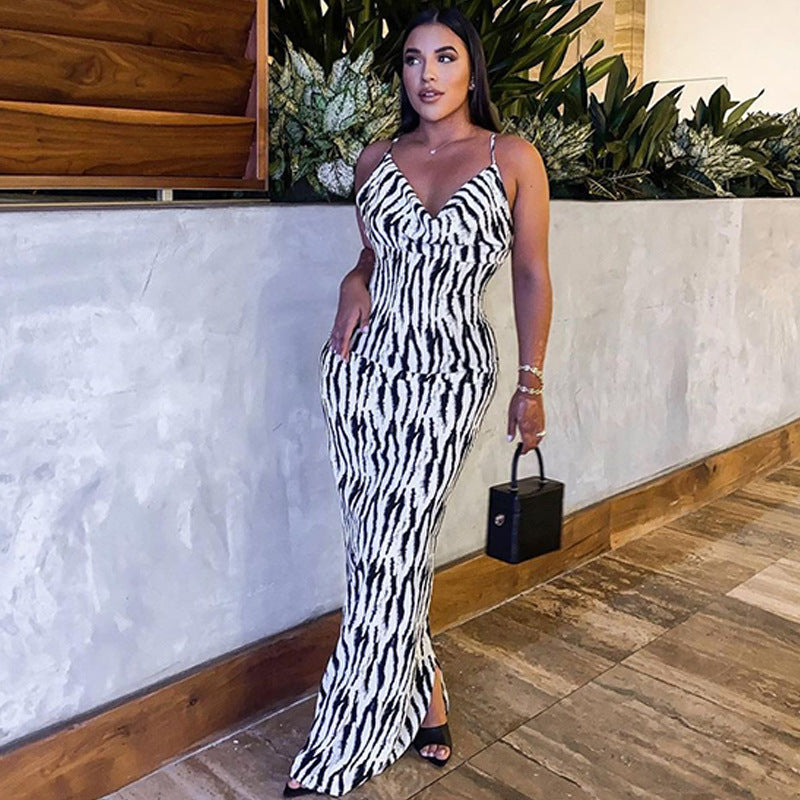 Femme Elegante Maxi Kjole med Zebra Print Stilla