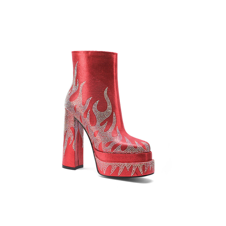Femme Platform Chunky Støvler med Flamme mønster og Rhinsten dekorationer Stilla