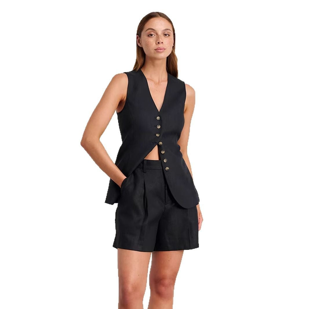 Femme Figursyet Linned blazer og shorts-sæt Stilla