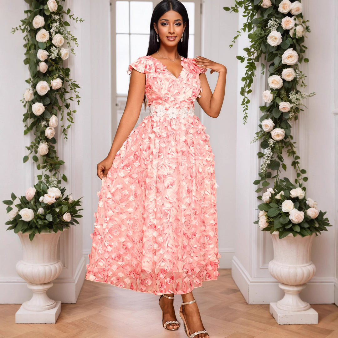 Dame Elegant Maxikjole med blomster Rüschen Skovae