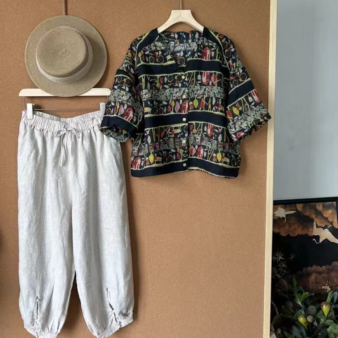 Femme Floral Print og Grafik Kortærmet Button-Up Skjorte Stilla