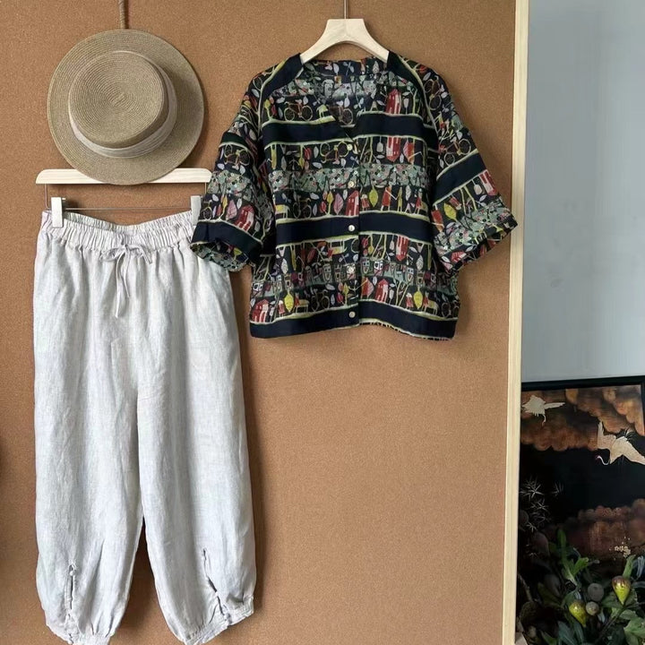 Femme Floral Print og Grafik Kortærmet Button-Up Skjorte Stilla