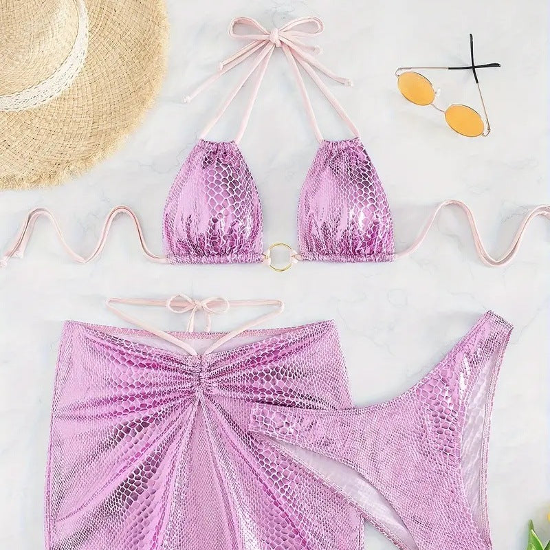 Dame Triangel-Bikini-Sæt med skinnende slangeprint og elegant nederdel Stilla