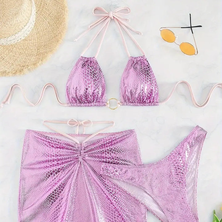 Dame Triangel-Bikini-Sæt med skinnende slangeprint og elegant nederdel Stilla
