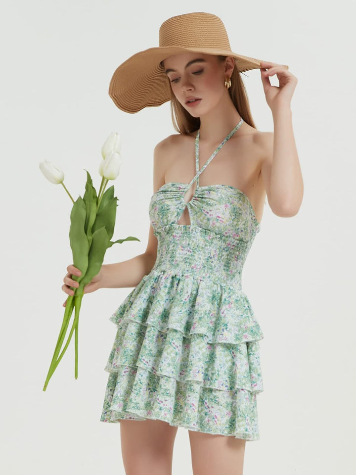 Dame rynkekjole med båndløs design og blomstermønster Skovae