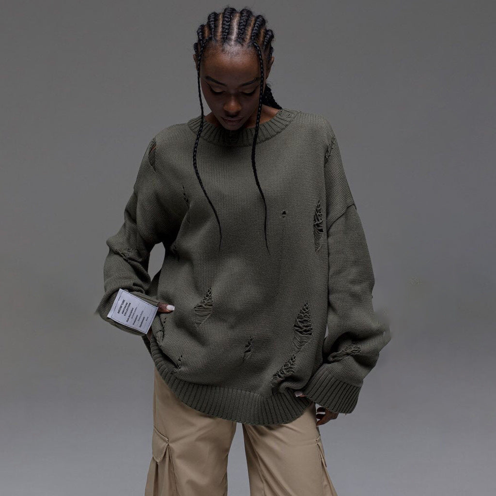 Kvinders chunky strik oversized sweater med slidte detaljer Stilla