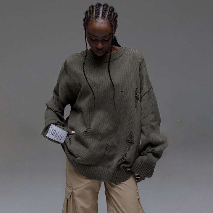 Kvinders chunky strik oversized sweater med slidte detaljer Stilla