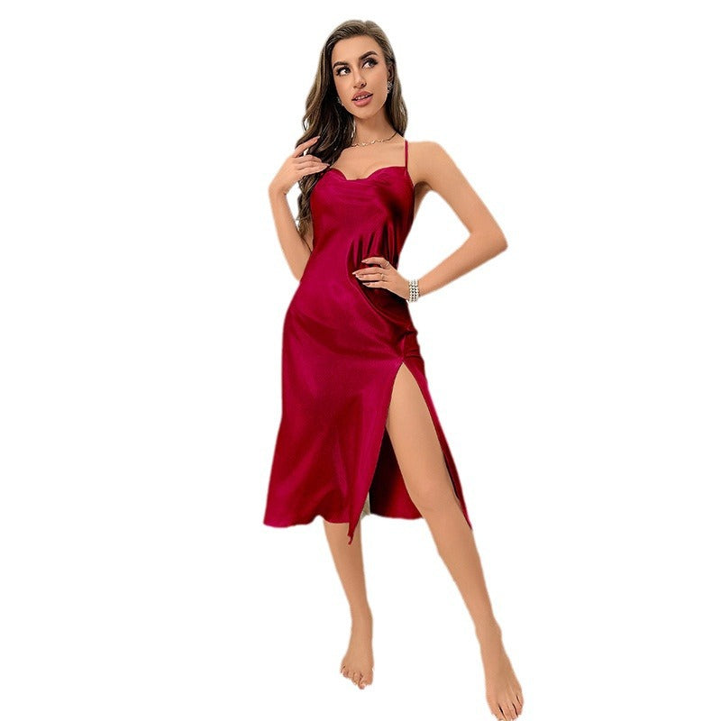 Dame elegant satin natkjole med dyb slids og justerbare spaghetti stropper Stilla