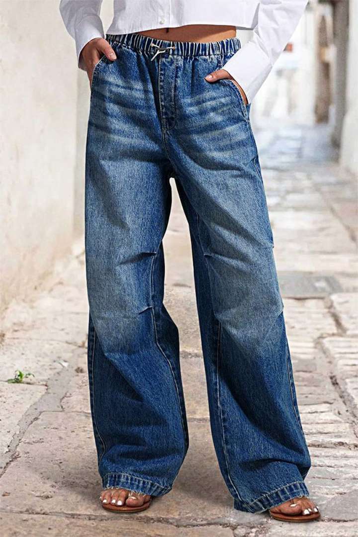Dame bred Denim-bukser med elastisk talje og afslappet design Stilla