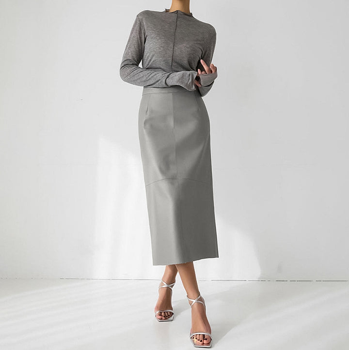 Dame Elegant Midi-skirt lavet af høj kvalitet kunstlæder med smal pasform og sømløst design Stilla