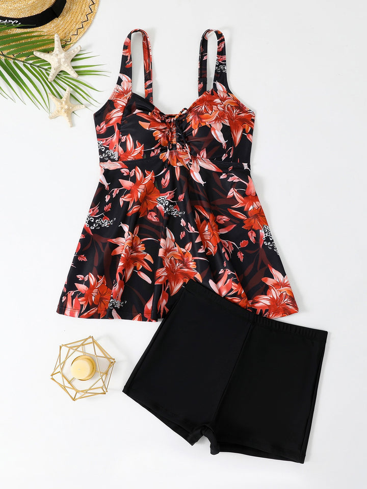 Dame Tankini-sæt med blomsterdetaljer og figurskabende nederdel Stilla