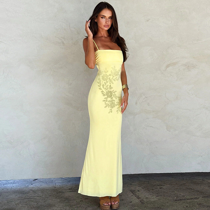 Damer Elegant Maxi Kjole med Fin Blomsterkant og Spaghetti Stropper Stilla