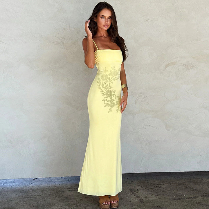 Damer Elegant Maxi Kjole med Fin Blomsterkant og Spaghetti Stropper Stilla