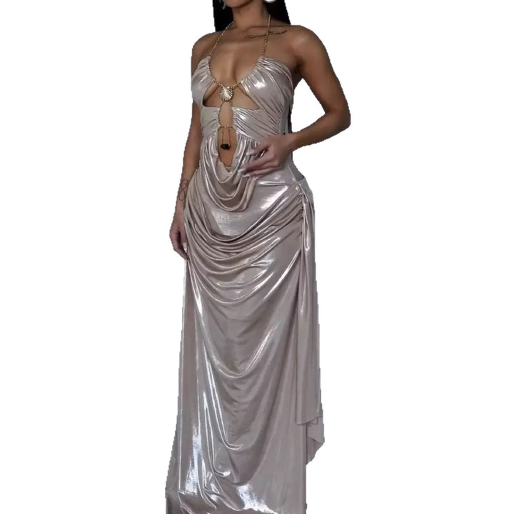 Kvindernes Glamourøse Maxi Kjole med Dybt V-Hals og Elegante Draperinger