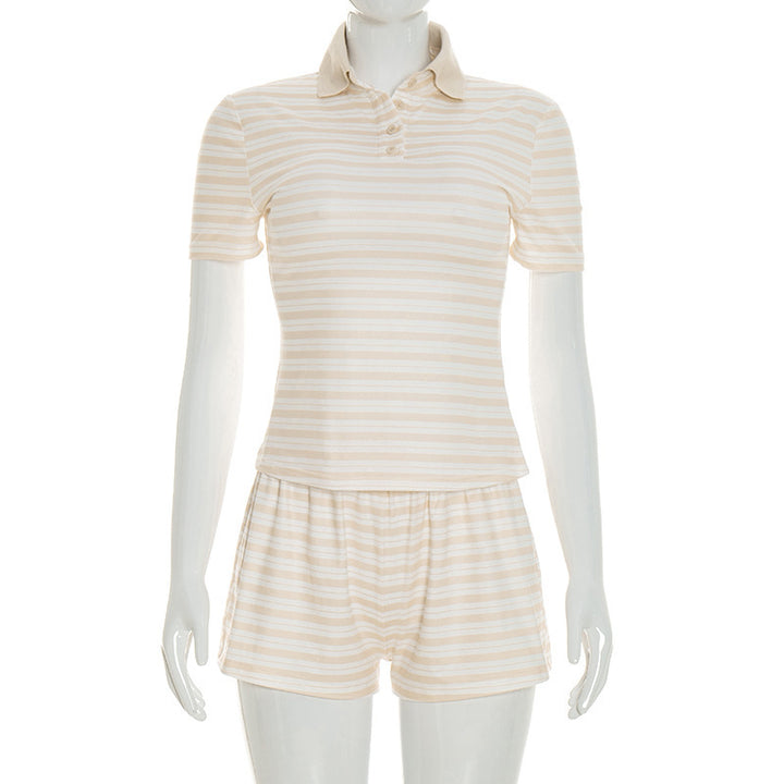 Damen gestreiftes Schlafset mit Poloshirt und Shorts Skovae