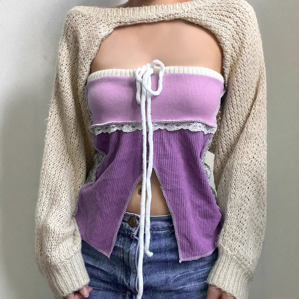 Dame Offshoulder Top med spidsdetaljer og lomme Skovae