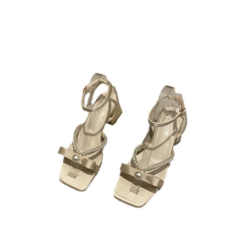 Femme Elegante Open-Toe Blokhæl Sandaler med Perle Detaljer Stilla