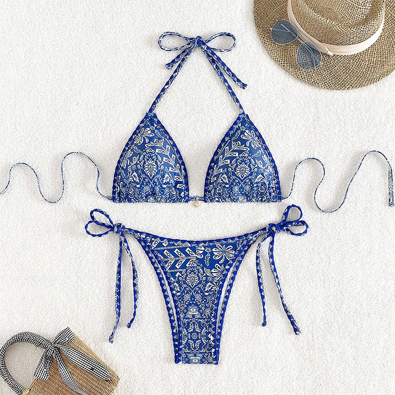 Dame triangel-bikini med justerbare bindebånd og blomsterprint Skovae