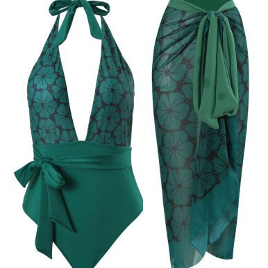 Dame elegantet heldragt badedragt med blomster wrap nederdel Skovae