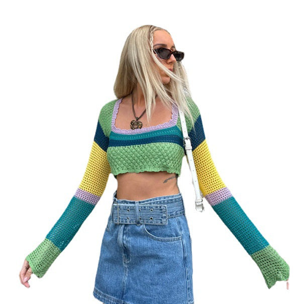 Dame luftig hæklet Crop-Top med iøjnefaldende stribemønster Skovae