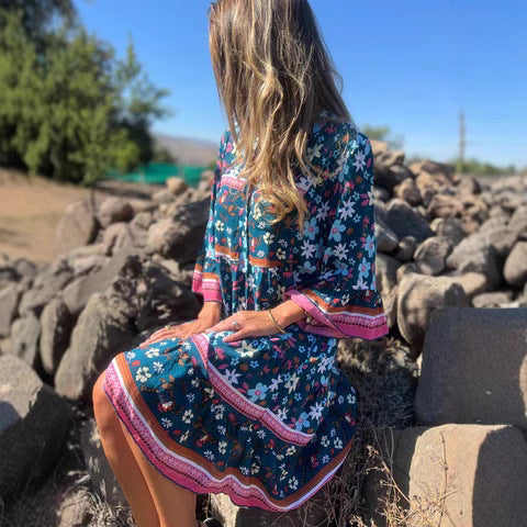 Dame Floral Print Knaplukning Mini Kjole Stilla