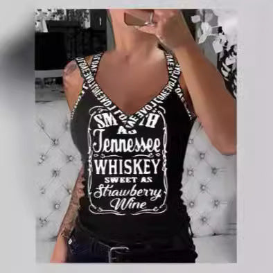 Dame tanktop med V-udskæring og iøjnefaldende tryk Skovae