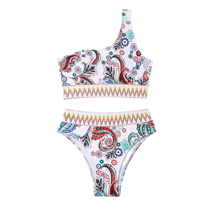 Dame bandeau-bikini-sæt med asymmetrisk snit og farverigt mønster Stilla