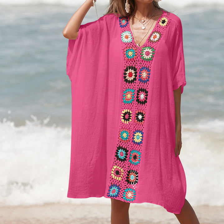 Dame hæklede strandtunika i afslappet oversized stil med farverige applikationer Skovae