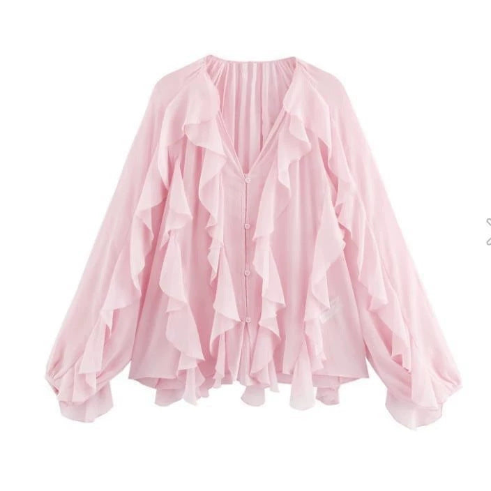 Dame rynke bluse med bred pasform og ballonlignende ærmer Skovae