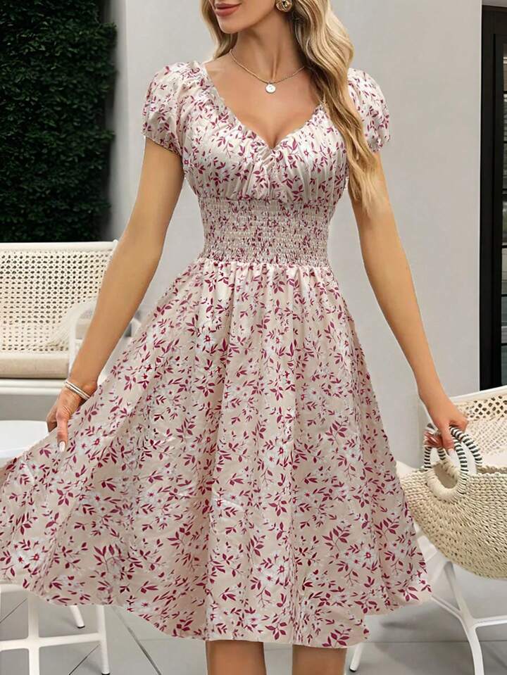Dame Smocked Floral Midi Kjole Stilla