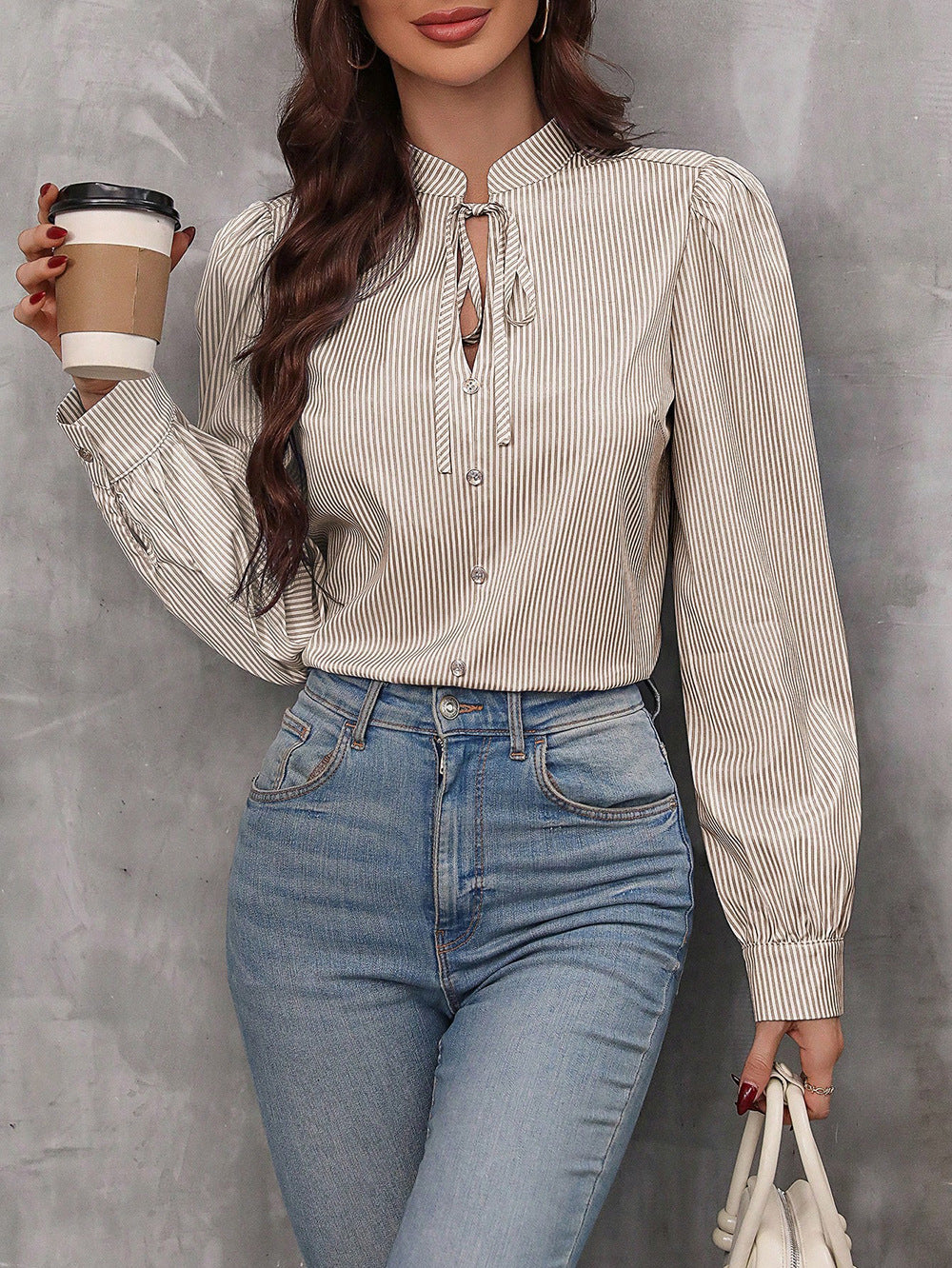 Damer stribet bluse top med krave Stilla