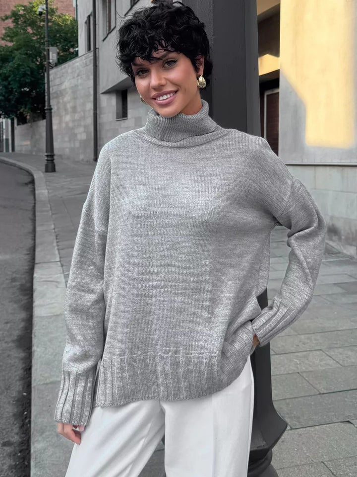 Dame Oversized Strikpullover med høj krave og sidelæringer Stilla