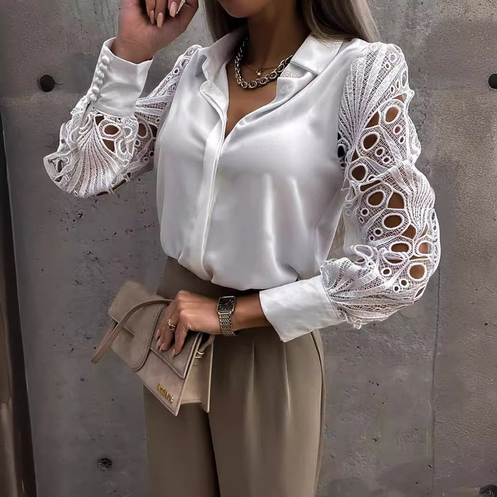 Dame Elegant bluse skjorte med spids og lange ærmer Stilla