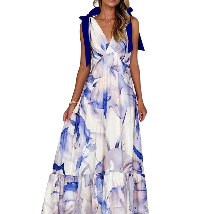 Femme Bohemian Floral Maxi Kjole med justerbare bindesnore Stilla