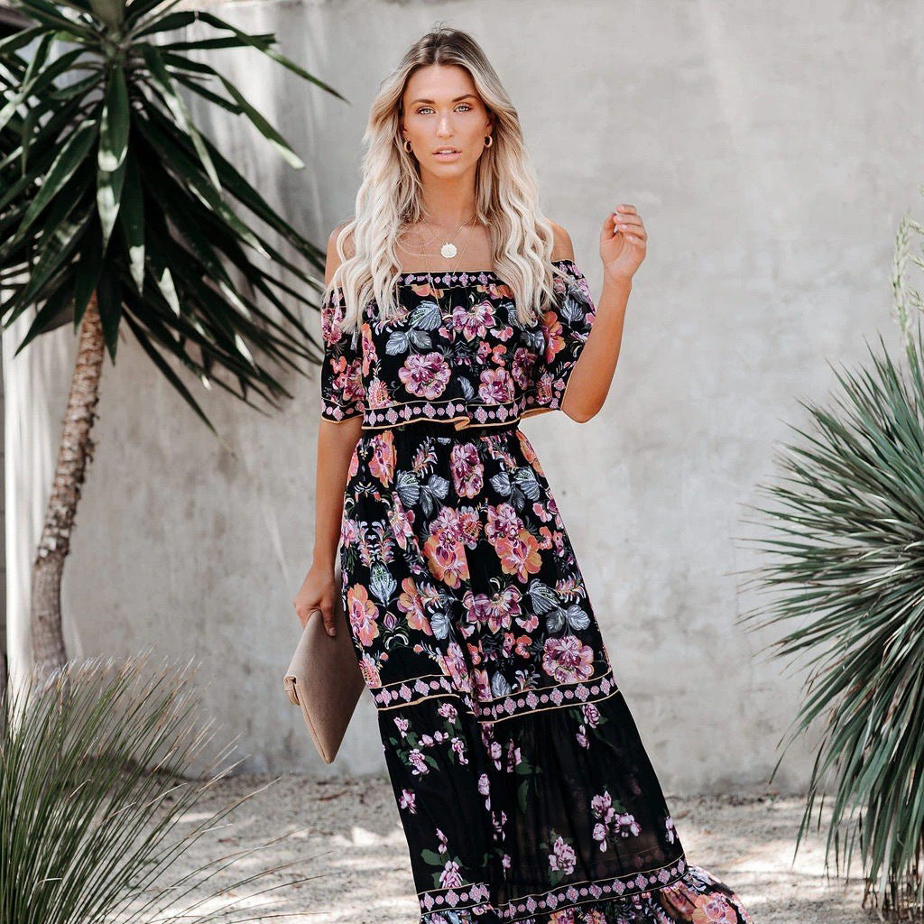 Dame Off-Shoulder Maxikjole med blomsterprint og voluminøse ærmer Stilla