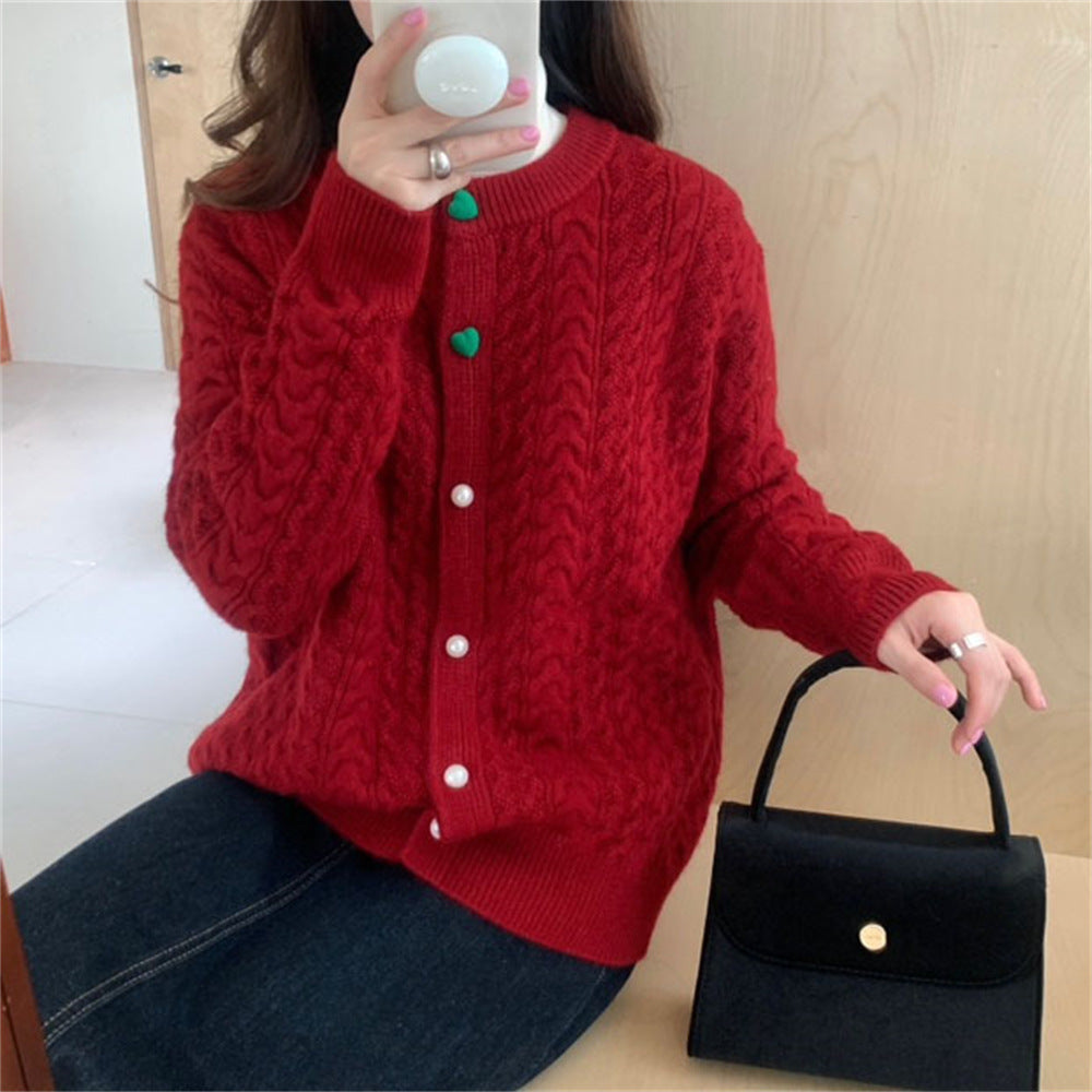 Femme Kabelstrik-Cardigan med hjerteknapdetalje Stilla