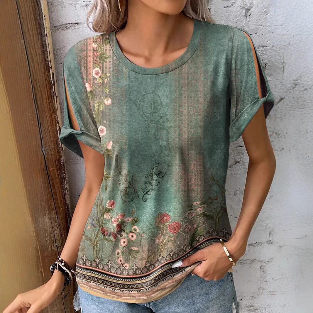 Dame floral oversized T-shirt med cut-out ærmer Skovae