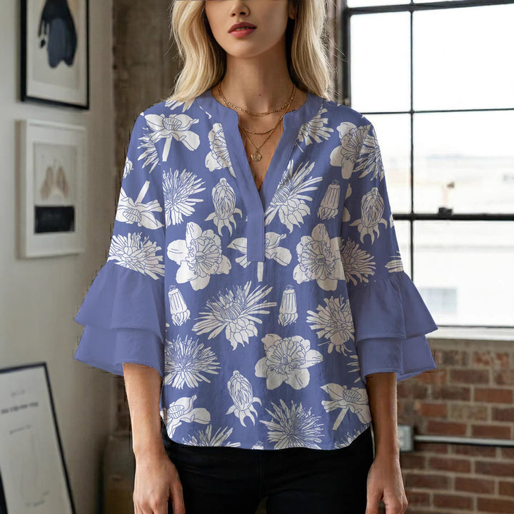 Dame elegant bluser med voluminøse rucheærmer og grafisk blomsterdesign Skovae