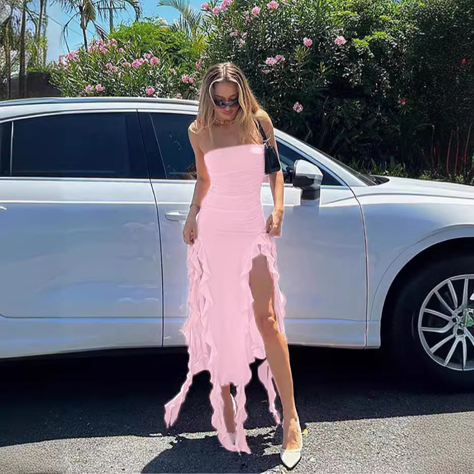 Dame Rynke Maxi Kjole med asymmetrisk Kant Stilla