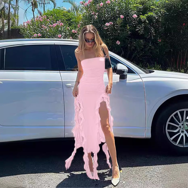 Dame Rynke Maxi Kjole med asymmetrisk Kant Stilla