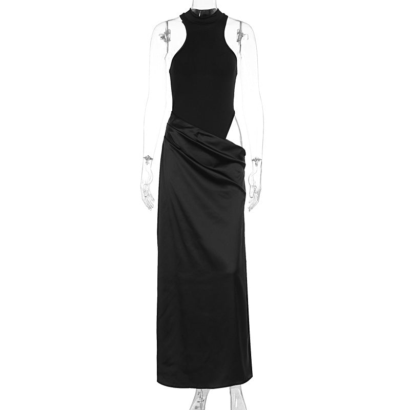 Dame Elegant Maxikjole med figursyet Halterneck og draperet Skirt Skovae