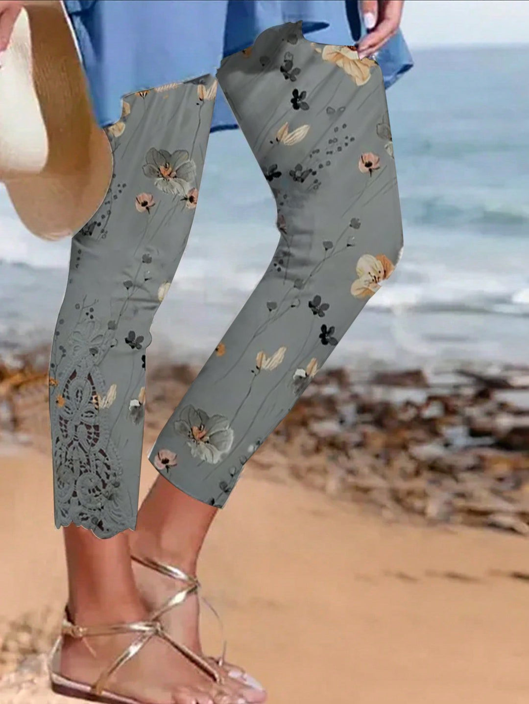 Damer blomster mønster leggings med spids kant Stilla