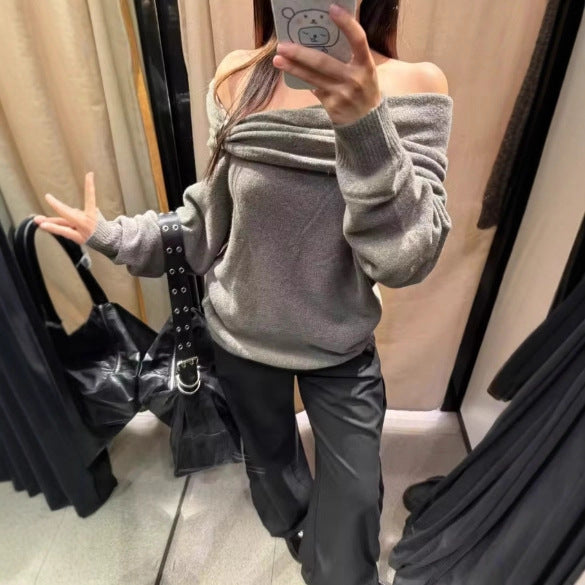 Damer Elegant Sweater med Asymmetrisk Sjalskrave og Dekorativ Lukning Stilla